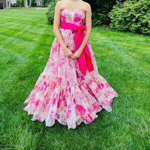 Sherri Hill Pink and Hot Pink Floral Dress with Cream Accents